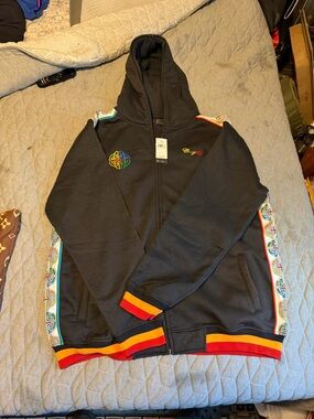 Coogi Black Zip-Up Hoodie with Rainbow Celtic Trim